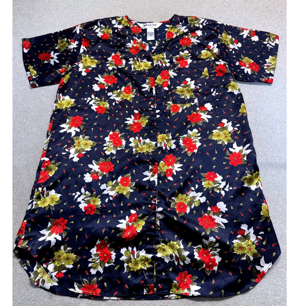 Vintage Winlar Womens XL Floral Caftan House Dress Navy Red Button Front Relaxed
